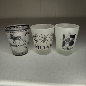 Set of Three Frosted Souvenir Shot Glasses Banff Canada, Moab, New Mexico